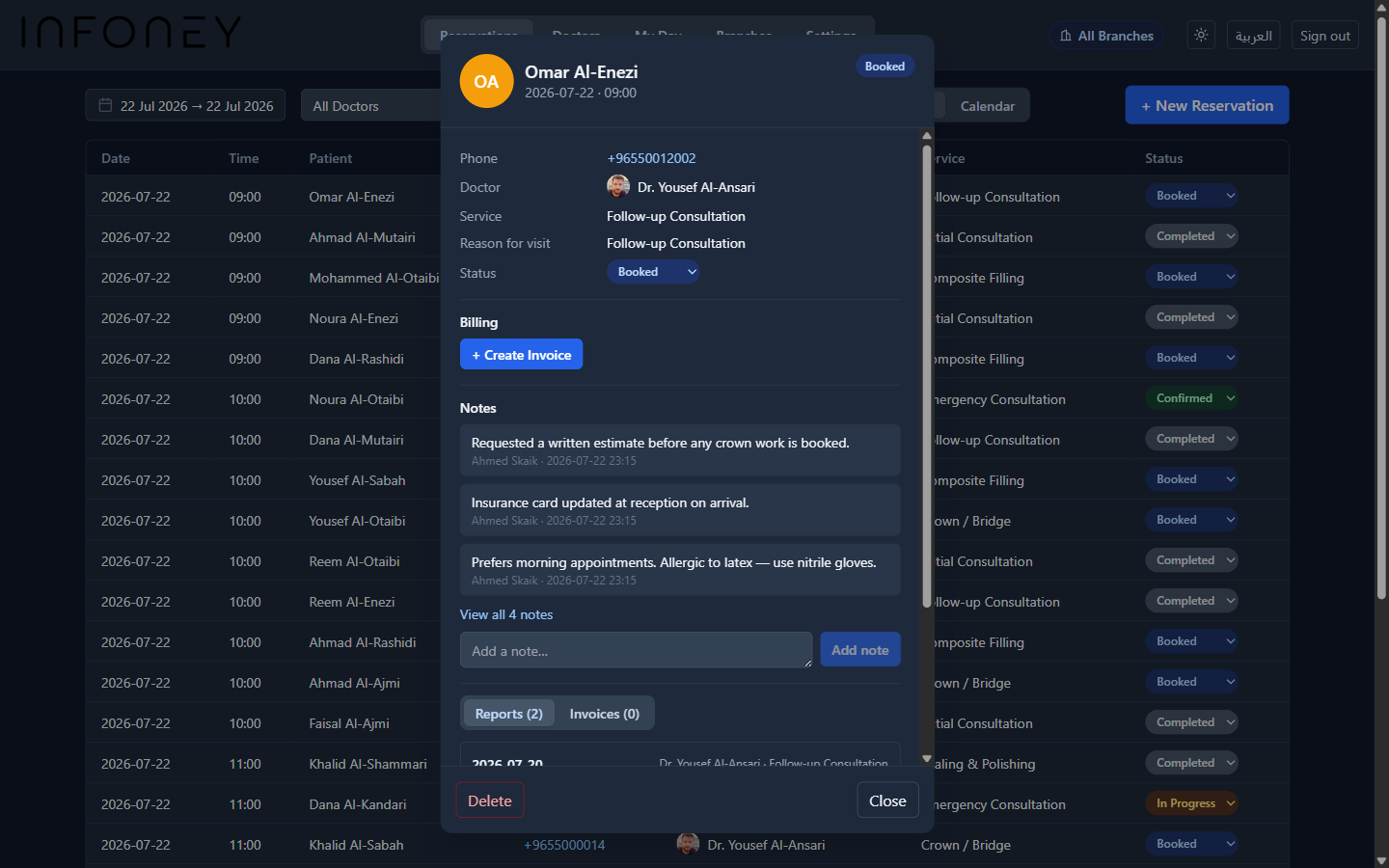 Reservation detail with reports